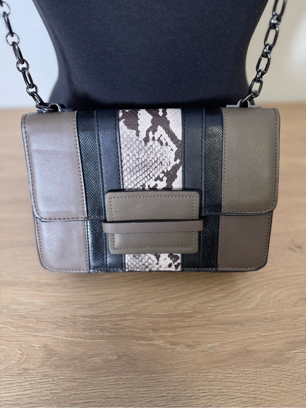 Taupe & Black Snake-Trim Crossbody Bag with Chain Strap